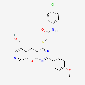 molecular formula C27H23ClN4O4S B2641618 N-(4-chlorophenyl)-2-{[11-(hydroxymethyl)-5-(4-methoxyphenyl)-14-methyl-2-oxa-4,6,13-triazatricyclo[8.4.0.0^{3,8}]tetradeca-1(10),3(8),4,6,11,13-hexaen-7-yl]sulfanyl}acetamide CAS No. 892382-12-6