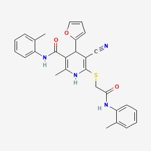 molecular formula C28H26N4O3S B2641801 5-cyano-4-(furan-2-yl)-2-methyl-6-[2-(2-methylanilino)-2-oxoethyl]sulfanyl-N-(2-methylphenyl)-1,4-dihydropyridine-3-carboxamide CAS No. 684230-81-7