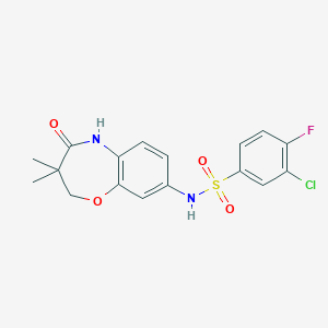 molecular formula C17H16ClFN2O4S B2641817 3-chloro-N-(3,3-dimethyl-4-oxo-2,3,4,5-tetrahydrobenzo[b][1,4]oxazepin-8-yl)-4-fluorobenzenesulfonamide CAS No. 922051-00-1