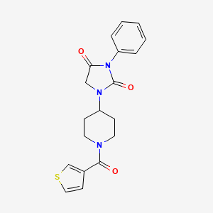 molecular formula C19H19N3O3S B2641829 3-Phenyl-1-(1-(thiophene-3-carbonyl)piperidin-4-yl)imidazolidine-2,4-dione CAS No. 2034284-15-4