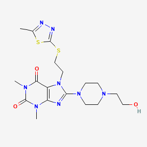 molecular formula C18H26N8O3S2 B2641910 8-(4-(2-hydroxyethyl)piperazin-1-yl)-1,3-dimethyl-7-(2-((5-methyl-1,3,4-thiadiazol-2-yl)thio)ethyl)-1H-purine-2,6(3H,7H)-dione CAS No. 850914-93-1