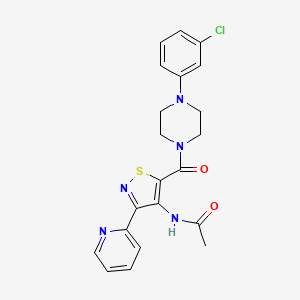 molecular formula C21H20ClN5O2S B2641930 N-(5-(4-(3-chlorophenyl)piperazine-1-carbonyl)-3-(pyridin-2-yl)isothiazol-4-yl)acetamide CAS No. 1251706-96-3