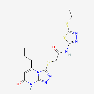 molecular formula C14H17N7O2S3 B2641964 N-(5-(ethylthio)-1,3,4-thiadiazol-2-yl)-2-((7-oxo-5-propyl-7,8-dihydro-[1,2,4]triazolo[4,3-a]pyrimidin-3-yl)thio)acetamide CAS No. 895005-41-1