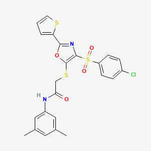 2-[[4-(4-chlorophenyl)sulfonyl-2-thiophen-2-yl-1,3-oxazol-5-yl]sulfanyl]-N-(3,5-dimethylphenyl)acetamide