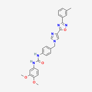 molecular formula C28H26N6O4 B2642013 1-(3,4-dimethoxyphenyl)-3-(4-((4-(3-(m-tolyl)-1,2,4-oxadiazol-5-yl)-1H-imidazol-1-yl)methyl)phenyl)urea CAS No. 1357735-68-2