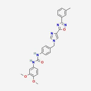 molecular formula C28H26N6O4 B2642013 1-(3,4-二甲氧基苯基)-3-(4-((4-(3-(间甲苯基)-1,2,4-恶二唑-5-基)-1H-咪唑-1-基)甲基)苯基)脲 CAS No. 1357735-68-2