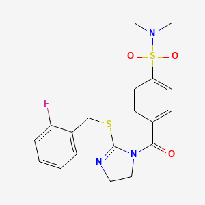 molecular formula C19H20FN3O3S2 B2642050 4-(2-((2-fluorobenzyl)thio)-4,5-dihydro-1H-imidazole-1-carbonyl)-N,N-dimethylbenzenesulfonamide CAS No. 851807-19-7