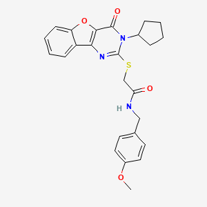 molecular formula C25H25N3O4S B2642052 2-[(3-cyclopentyl-4-oxo-3,4-dihydro[1]benzofuro[3,2-d]pyrimidin-2-yl)sulfanyl]-N-(4-methoxybenzyl)acetamide CAS No. 899986-40-4