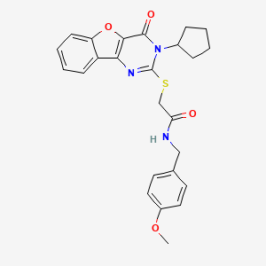 molecular formula C25H25N3O4S B2642052 2-({5-cyclopentyl-6-oxo-8-oxa-3,5-diazatricyclo[7.4.0.0^{2,7}]trideca-1(9),2(7),3,10,12-pentaen-4-yl}sulfanyl)-N-[(4-methoxyphenyl)methyl]acetamide CAS No. 899986-40-4