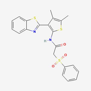 molecular formula C21H18N2O3S3 B2642137 N-(3-(benzo[d]thiazol-2-yl)-4,5-dimethylthiophen-2-yl)-2-(phenylsulfonyl)acetamide CAS No. 886960-62-9