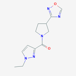molecular formula C12H15N5O2 B2642142 (3-(1,2,4-oxadiazol-3-yl)pyrrolidin-1-yl)(1-ethyl-1H-pyrazol-3-yl)methanone CAS No. 2034411-05-5