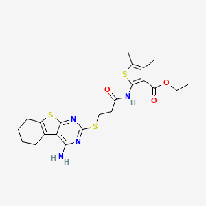 molecular formula C22H26N4O3S3 B2642180 Ethyl 2-({3-[(4-amino-5,6,7,8-tetrahydro[1]benzothieno[2,3-d]pyrimidin-2-yl)sulfanyl]propanoyl}amino)-4,5-dimethylthiophene-3-carboxylate CAS No. 500202-81-3