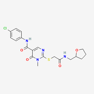 molecular formula C19H21ClN4O4S B2642184 N-(4-chlorophenyl)-1-methyl-6-oxo-2-((2-oxo-2-(((tetrahydrofuran-2-yl)methyl)amino)ethyl)thio)-1,6-dihydropyrimidine-5-carboxamide CAS No. 894036-15-8