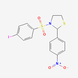 molecular formula C15H13IN2O4S2 B2642195 3-((4-碘苯基)磺酰基)-2-(4-硝基苯基)噻唑烷 CAS No. 681227-04-3