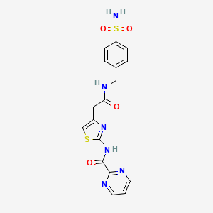 molecular formula C17H16N6O4S2 B2642196 N-(4-(2-oxo-2-((4-sulfamoylbenzyl)amino)ethyl)thiazol-2-yl)pyrimidine-2-carboxamide CAS No. 1286700-13-7