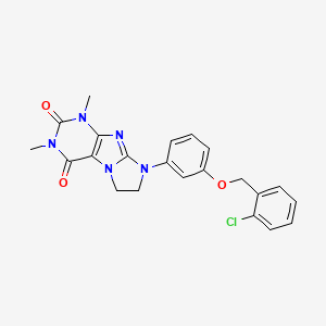 molecular formula C22H20ClN5O3 B2642351 8-{3-[(2-Chlorophenyl)methoxy]phenyl}-1,3-dimethyl-1,3,5-trihydroimidazolidino [1,2-h]purine-2,4-dione CAS No. 1020972-03-5