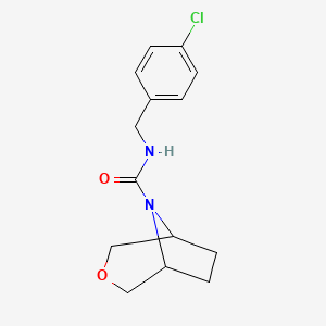 molecular formula C14H17ClN2O2 B2642353 (1R,5S)-N-(4-氯苄基)-3-氧杂-8-氮杂双环[3.2.1]辛烷-8-甲酰胺 CAS No. 1396869-00-3