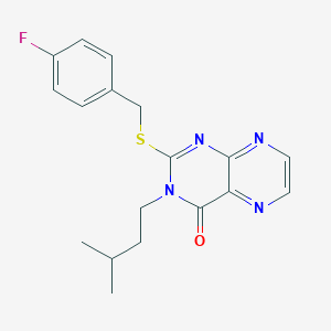 molecular formula C18H19FN4OS B2642374 2-[(4-Fluorophenyl)methylsulfanyl]-3-(3-methylbutyl)pteridin-4-one CAS No. 902881-21-4