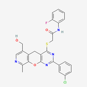 molecular formula C26H20ClFN4O3S B2642379 2-((2-(3-氯苯基)-6-(羟甲基)-9-甲基-5H-吡啶并[4',3':5,6]吡喃并[2,3-d]嘧啶-4-基)硫代)-N-(2-氟苯基)乙酰胺 CAS No. 892383-38-9