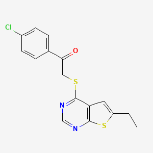 molecular formula C16H13ClN2OS2 B2642383 1-(4-Chlorophenyl)-2-((6-ethylthieno[2,3-d]pyrimidin-4-yl)thio)ethanone CAS No. 380351-89-3