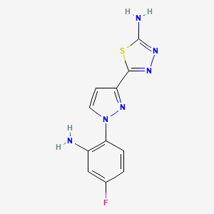 molecular formula C11H9FN6S B2642391 5-[1-(2-Amino-4-fluorophenyl)pyrazol-3-yl]-1,3,4-thiadiazol-2-amine CAS No. 1946813-35-9
