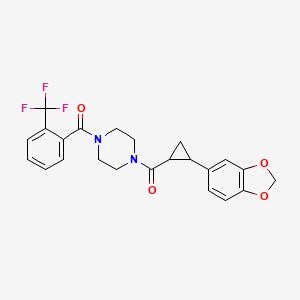 molecular formula C23H21F3N2O4 B2642423 (4-(2-(Benzo[d][1,3]dioxol-5-yl)cyclopropanecarbonyl)piperazin-1-yl)(2-(trifluoromethyl)phenyl)methanone CAS No. 1219913-61-7