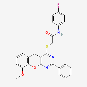 molecular formula C26H20FN3O3S B2642455 N-(4-Fluorophenyl)-2-({9-methoxy-2-phenyl-5H-chromeno[2,3-D]pyrimidin-4-YL}sulfanyl)acetamide CAS No. 866342-16-7