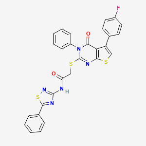 molecular formula C28H18FN5O2S3 B2642460 2-[5-(4-fluorophenyl)-4-oxo-3-phenylthieno[2,3-d]pyrimidin-2-yl]sulfanyl-N-(5-phenyl-1,2,4-thiadiazol-3-yl)acetamide CAS No. 690270-90-7