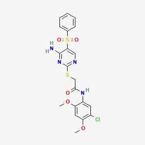 molecular formula C20H19ClN4O5S2 B2642502 2-((4-amino-5-(phenylsulfonyl)pyrimidin-2-yl)thio)-N-(5-chloro-2,4-dimethoxyphenyl)acetamide CAS No. 894945-56-3
