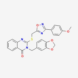 molecular formula C26H20N4O5S B2642546 3-(benzo[d][1,3]dioxol-5-ylmethyl)-2-(((3-(4-methoxyphenyl)-1,2,4-oxadiazol-5-yl)methyl)thio)quinazolin-4(3H)-one CAS No. 2034400-01-4