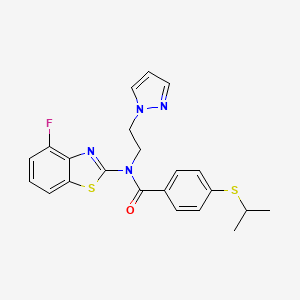 molecular formula C22H21FN4OS2 B2642673 N-(2-(1H-pyrazol-1-yl)ethyl)-N-(4-fluorobenzo[d]thiazol-2-yl)-4-(isopropylthio)benzamide CAS No. 1170590-59-6