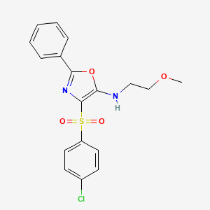 molecular formula C18H17ClN2O4S B2642695 4-(4-chlorophenyl)sulfonyl-N-(2-methoxyethyl)-2-phenyl-1,3-oxazol-5-amine CAS No. 823828-61-1