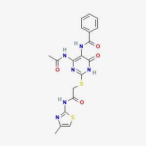 N-(4-acetamido-2-((2-((4-methylthiazol-2-yl)amino)-2-oxoethyl)thio)-6-oxo-1,6-dihydropyrimidin-5-yl)benzamide