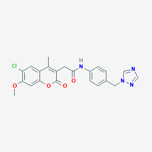 molecular formula C22H19ClN4O4 B264272 2-(6-chloro-7-methoxy-4-methyl-2-oxo-2H-chromen-3-yl)-N-[4-(1H-1,2,4-triazol-1-ylmethyl)phenyl]acetamide 