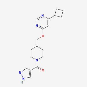 molecular formula C18H23N5O2 B2642733 [4-[(6-Cyclobutylpyrimidin-4-yl)oxymethyl]piperidin-1-yl]-(1H-pyrazol-4-yl)methanone CAS No. 2380067-26-3
