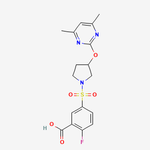 molecular formula C17H18FN3O5S B2642739 5-((3-((4,6-Dimethylpyrimidin-2-yl)oxy)pyrrolidin-1-yl)sulfonyl)-2-fluorobenzoic acid CAS No. 2034476-21-4