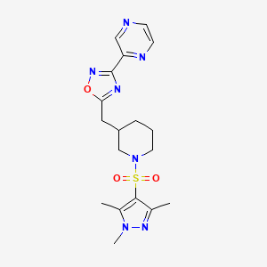molecular formula C18H23N7O3S B2642775 3-(pyrazin-2-yl)-5-((1-((1,3,5-trimethyl-1H-pyrazol-4-yl)sulfonyl)piperidin-3-yl)methyl)-1,2,4-oxadiazole CAS No. 1705879-47-5