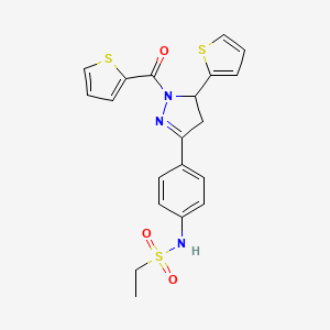 molecular formula C20H19N3O3S3 B2642849 N-(4-(5-(thiophen-2-yl)-1-(thiophene-2-carbonyl)-4,5-dihydro-1H-pyrazol-3-yl)phenyl)ethanesulfonamide CAS No. 852141-54-9