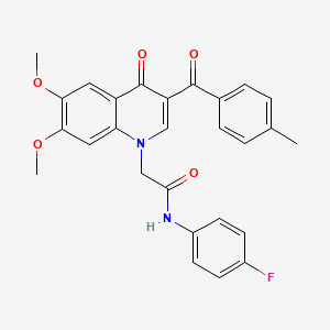 molecular formula C27H23FN2O5 B2642863 2-[6,7-dimethoxy-3-(4-methylbenzoyl)-4-oxoquinolin-1-yl]-N-(4-fluorophenyl)acetamide CAS No. 866590-46-7