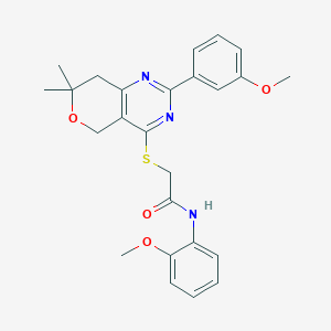 molecular formula C25H27N3O4S B264306 N-(2-methoxyphenyl)-2-{[2-(3-methoxyphenyl)-7,7-dimethyl-7,8-dihydro-5H-pyrano[4,3-d]pyrimidin-4-yl]sulfanyl}acetamide 