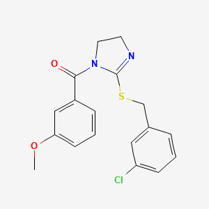 molecular formula C18H17ClN2O2S B2643119 (2-((3-chlorobenzyl)thio)-4,5-dihydro-1H-imidazol-1-yl)(3-methoxyphenyl)methanone CAS No. 851808-08-7