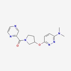molecular formula C15H18N6O2 B2643193 (3-((6-(Dimethylamino)pyridazin-3-yl)oxy)pyrrolidin-1-yl)(pyrazin-2-yl)methanone CAS No. 2034483-10-6