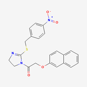 molecular formula C22H19N3O4S B2643217 2-Naphthalen-2-yloxy-1-[2-[(4-nitrophenyl)methylsulfanyl]-4,5-dihydroimidazol-1-yl]ethanone CAS No. 851802-46-5