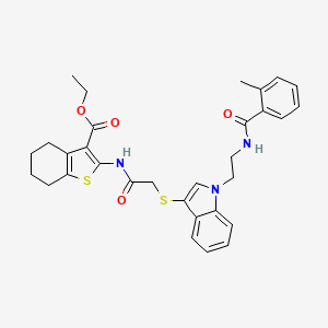 molecular formula C31H33N3O4S2 B2643269 ethyl 2-(2-((1-(2-(2-methylbenzamido)ethyl)-1H-indol-3-yl)thio)acetamido)-4,5,6,7-tetrahydrobenzo[b]thiophene-3-carboxylate CAS No. 532970-44-8