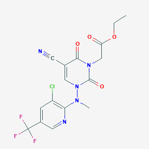 molecular formula C16H13ClF3N5O4 B2643271 ethyl 2-[3-[[3-chloro-5-(trifluoromethyl)-2-pyridinyl](methyl)amino]-5-cyano-2,6-dioxo-3,6-dihydro-1(2H)-pyrimidinyl]acetate CAS No. 338399-47-6
