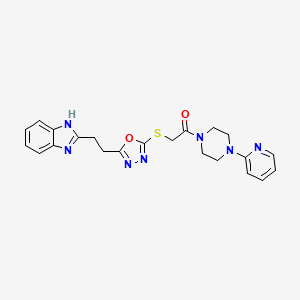 molecular formula C22H23N7O2S B2643273 2-((5-(2-(1H-benzo[d]imidazol-2-yl)ethyl)-1,3,4-oxadiazol-2-yl)thio)-1-(4-(pyridin-2-yl)piperazin-1-yl)ethanone CAS No. 1251563-00-4