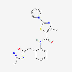 molecular formula C19H17N5O2S B2643293 4-methyl-N-(2-((3-methyl-1,2,4-oxadiazol-5-yl)methyl)phenyl)-2-(1H-pyrrol-1-yl)thiazole-5-carboxamide CAS No. 1448076-00-3