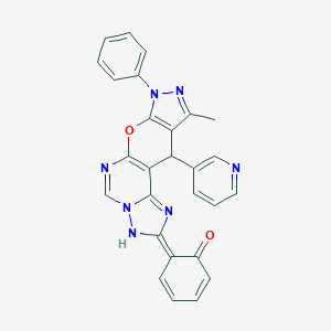 molecular formula C27H19N7O2 B264335 (6E)-6-(14-methyl-12-phenyl-16-pyridin-3-yl-10-oxa-3,5,6,8,12,13-hexazatetracyclo[7.7.0.02,6.011,15]hexadeca-1(9),2,7,11(15),13-pentaen-4-ylidene)cyclohexa-2,4-dien-1-one 