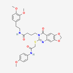 molecular formula C32H34N4O8S B2643389 N-(3,4-二甲氧基苯乙基)-4-(6-((2-((4-甲氧基苯基)氨基)-2-氧代乙基)硫代)-8-氧代-[1,3]二氧杂环[4,5-g]喹唑啉-7(8H)-基)丁酰胺 CAS No. 688060-69-7
