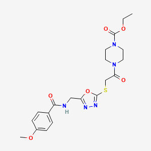 molecular formula C20H25N5O6S B2643391 Ethyl 4-{[(5-{[(4-methoxybenzoyl)amino]methyl}-1,3,4-oxadiazol-2-yl)thio]acetyl}piperazine-1-carboxylate CAS No. 851783-35-2